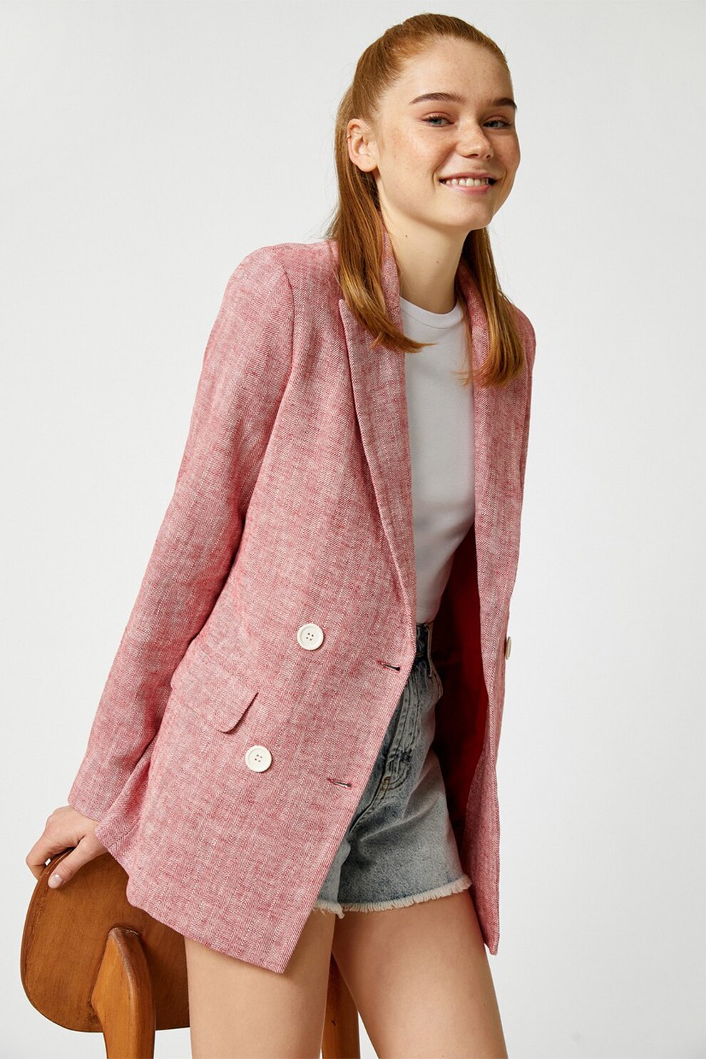 KOTON, Sacou din amestec de in cu doua randuri de nasturi, Rosu melange