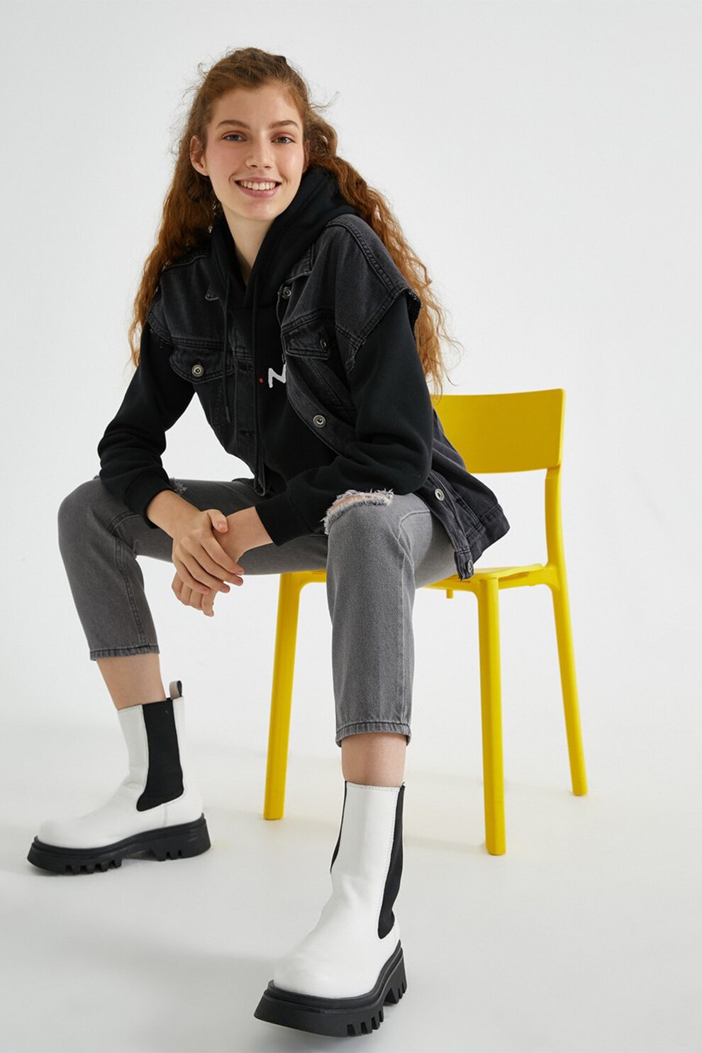 KOTON, Blugi mom-fit cu talie inalta, Gri inchis