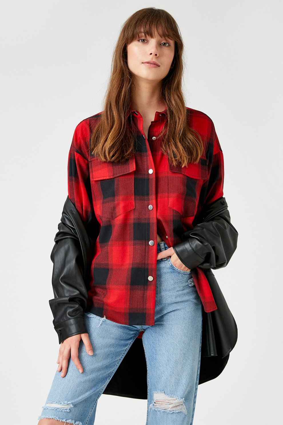 KOTON, Camasa lunga in carouri, Rosu/Negru