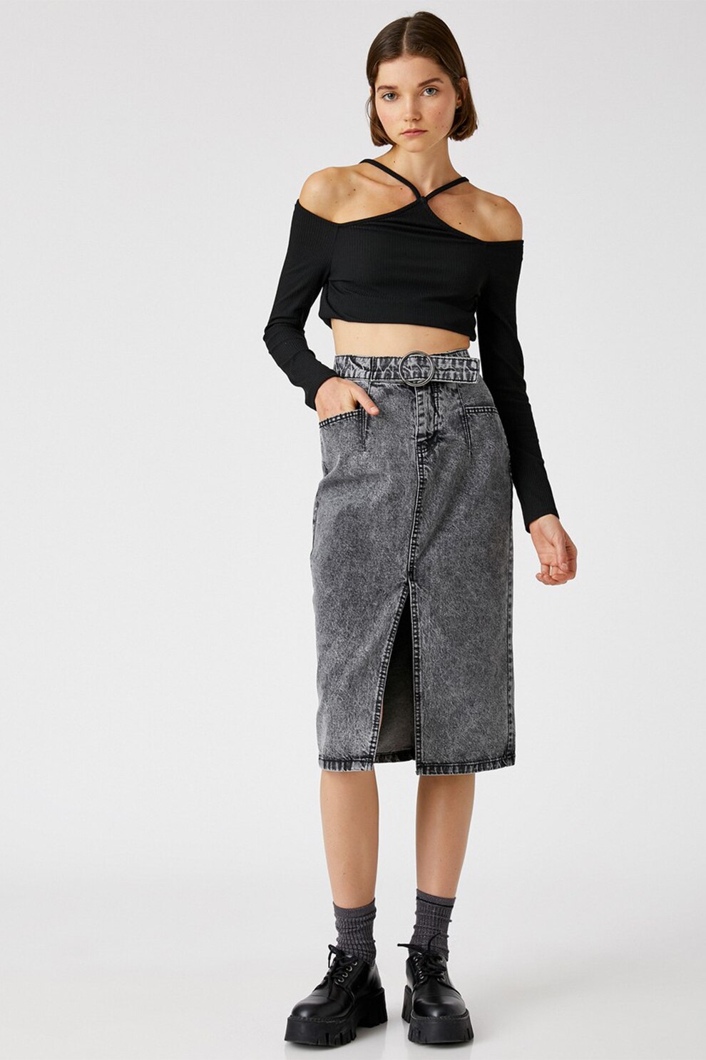 KOTON, Fusta midi de denim cu talie inalta, Gri inchis/ Negru