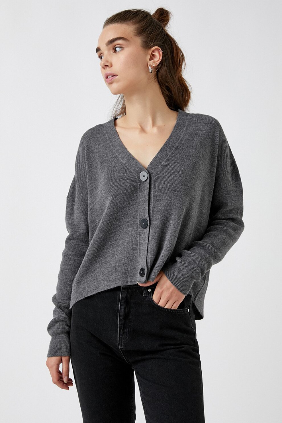 KOTON, Cardigan lejer cu decolteu in V, Gri antracit