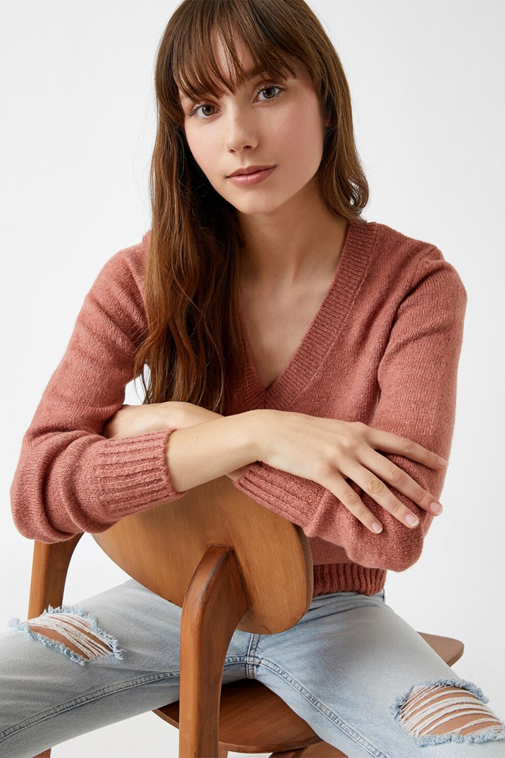 KOTON, Pulover cu decolteu in V si margini striate, Rosu stins, 2XL