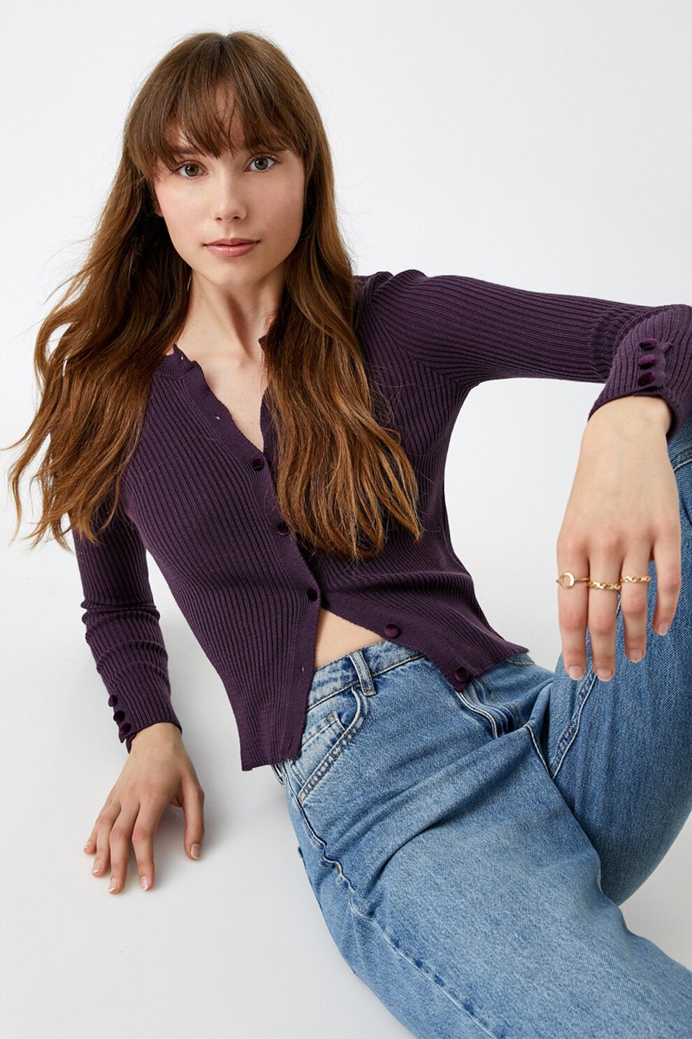 KOTON, Cardigan cu striatii si nasturi, Violet