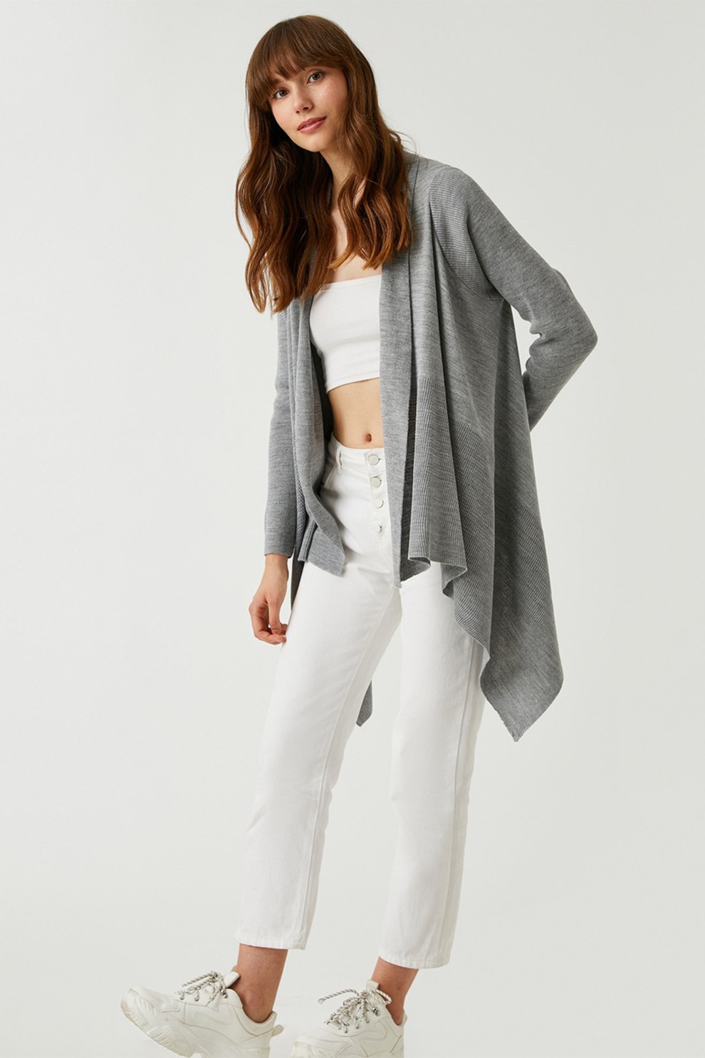 KOTON, Cardigan asimetric cu deschidere frontala, Gri melange