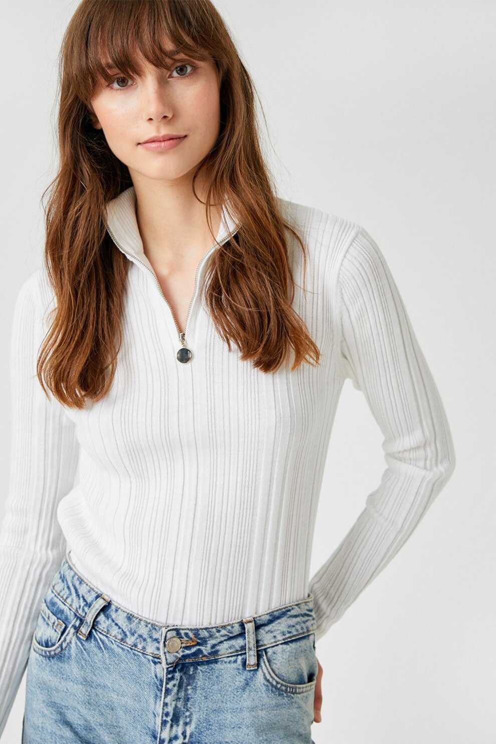 KOTON, Pulover cu striatii si fenta cu fermoar, Alb