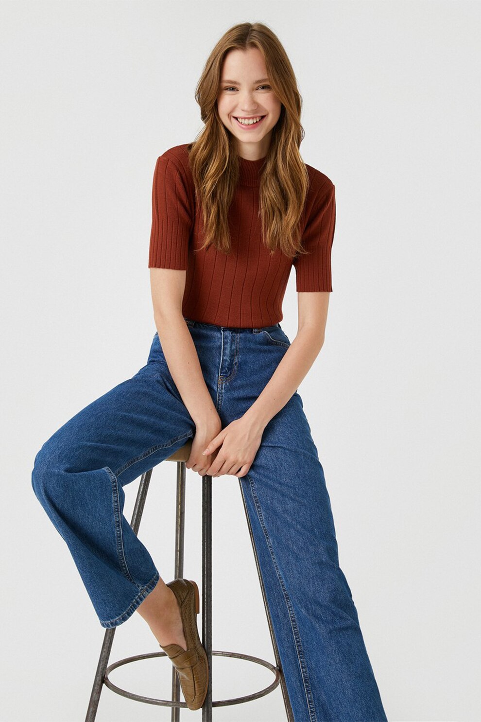 KOTON, Pulover cu striatii si guler scurt, Rosu caramiziu