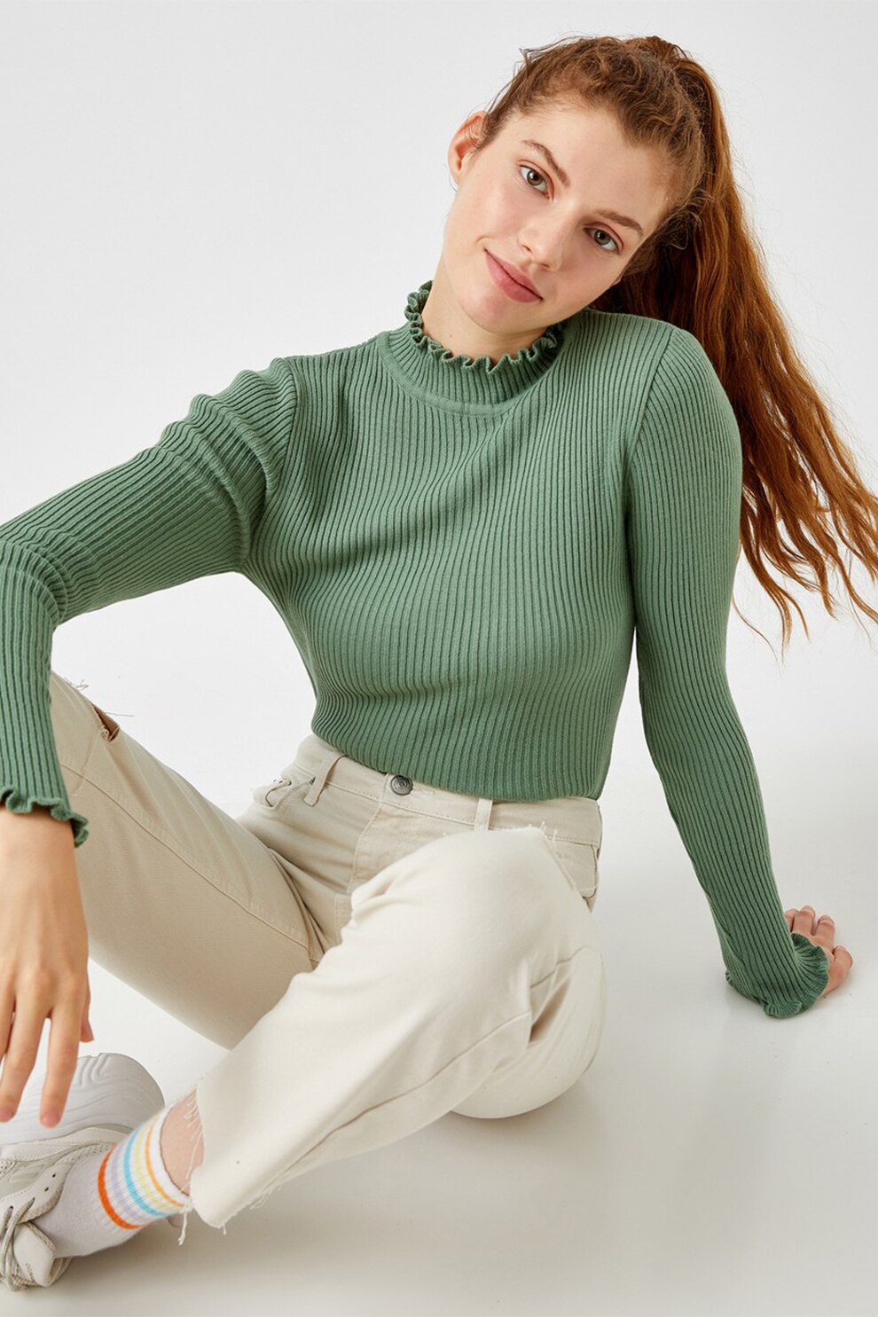 KOTON, Pulover striat cu terminatii cu volane, Verde