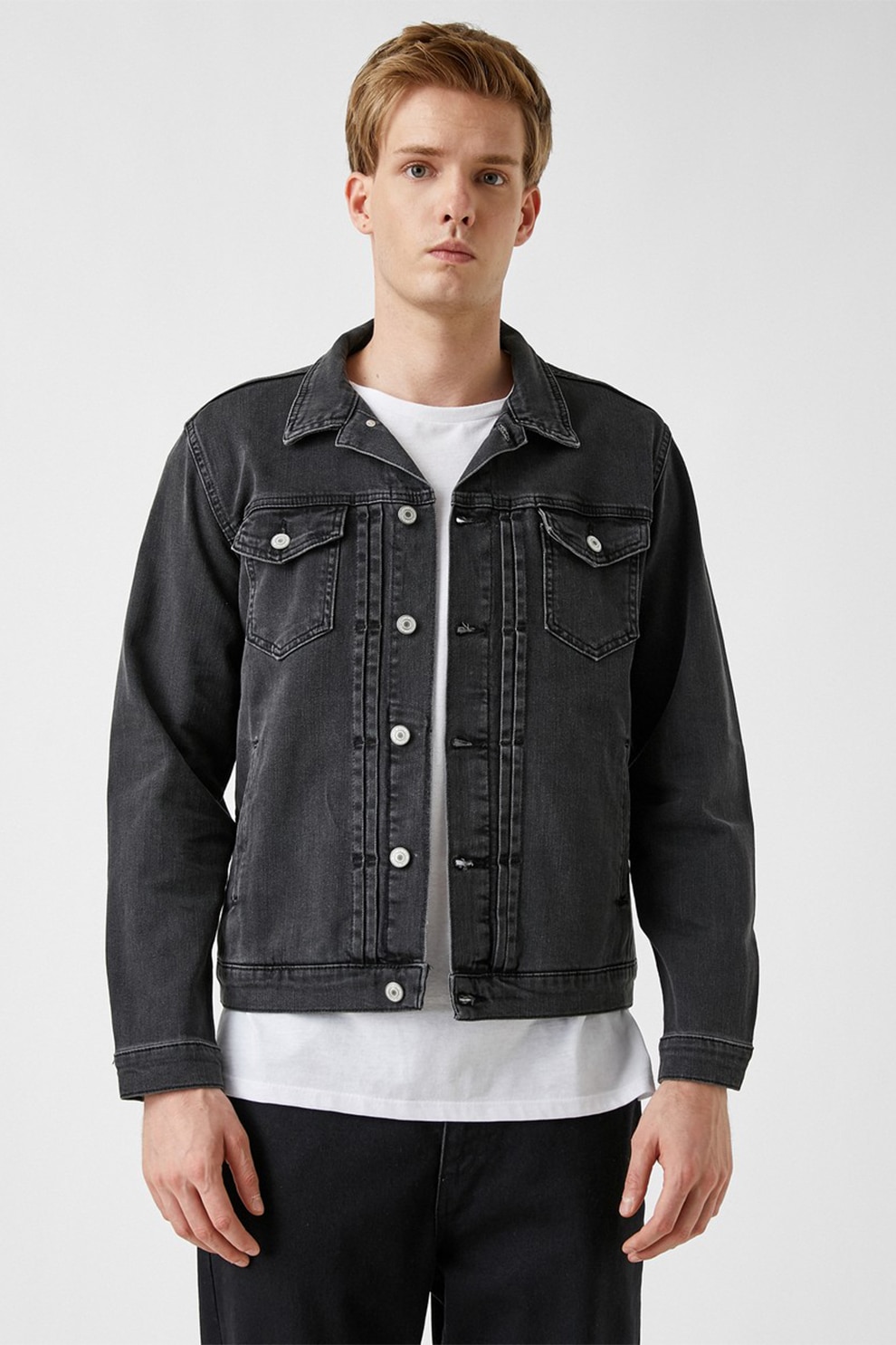 KOTON, Jacheta de denim cu buzunare cu clapa, Negru