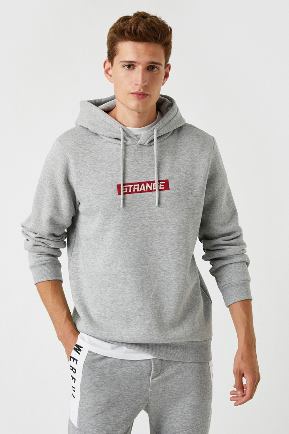 KOTON, Hanorac cu text brodat, Gri melange/Rosu