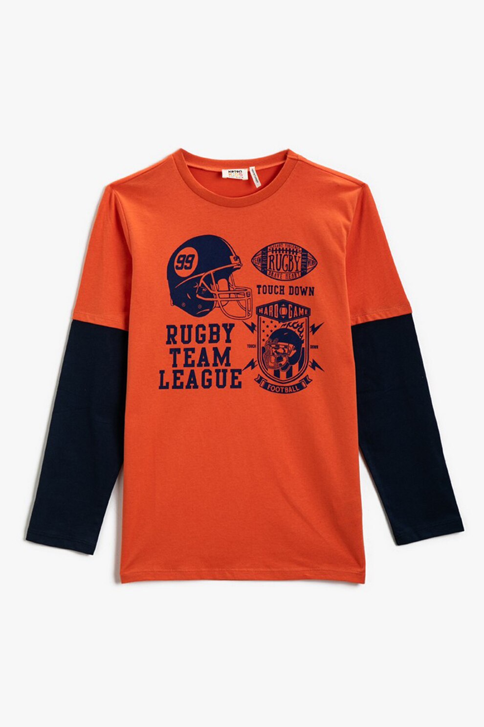 KOTON, Bluza cu imprimeu grafic si maneci contrastante, Oranj mandarina/Bleumarin inchis