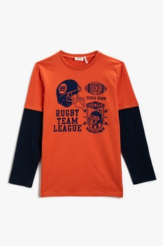 KOTON, Bluza cu imprimeu grafic si maneci contrastante, Oranj mandarina/Bleumarin inchis KOTON, Bluza cu imprimeu grafic si maneci contrastante, Oranj mandarina/Bleumarin inchis