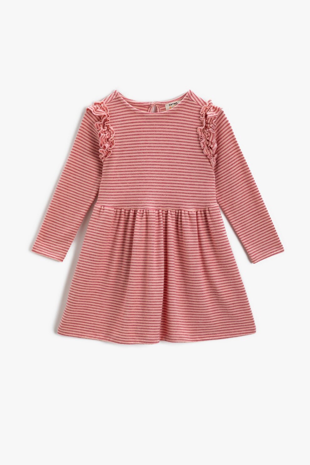 KOTON, Rochie evazata cu model in dungi si volane, Roz pastel/rosu stins, 146-152 CM