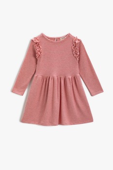 KOTON, Rochie evazata cu model in dungi si volane, Roz pastel/rosu stins, 146-152 CM KOTON, Rochie evazata cu model in dungi si volane, Roz pastel/rosu stins, 146-152 CM