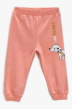 KOTON, Pantaloni sport cu talie medie si detaliu cu imprimeu, Roz somon KOTON, Pantaloni sport cu talie medie si detaliu cu imprimeu, Roz somon