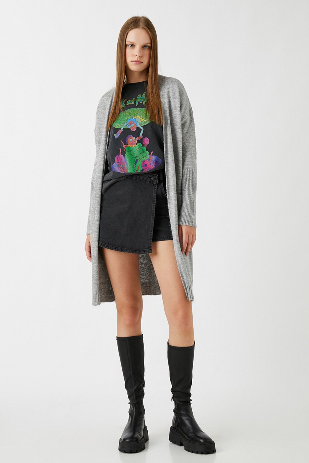 KOTON, Cardigan lung tricotat fin cu buzunare aplicate, Gri, XS