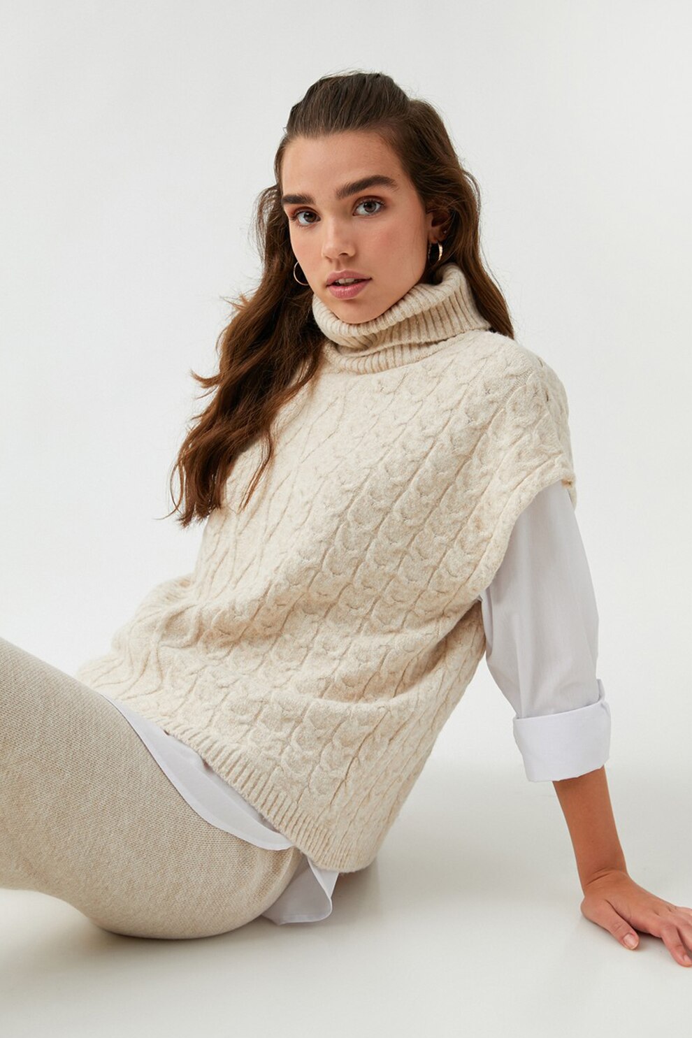 KOTON, Pulover cu guler inalt si margini striate, Bej