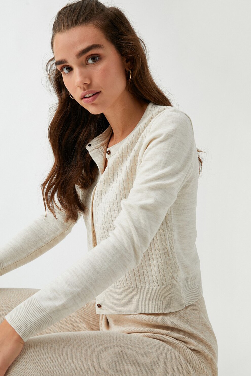 KOTON, Cardigan cu model cu torsade si cu nasturi, Bej