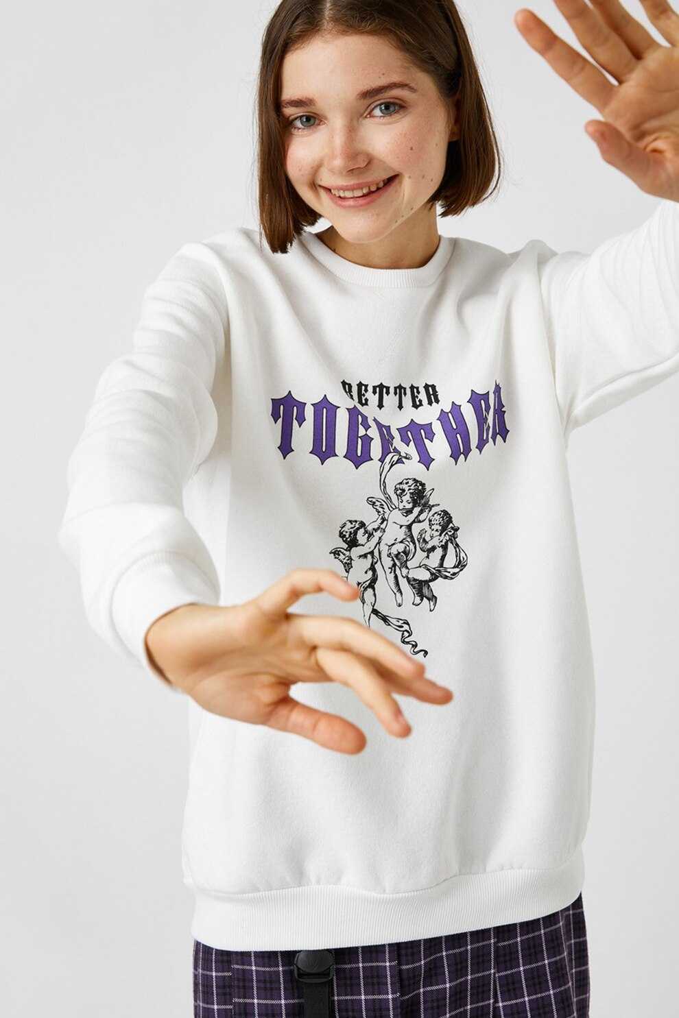 KOTON, Bluza sport cu decolteu la baza gatului si imprimeu, Alb prafuit