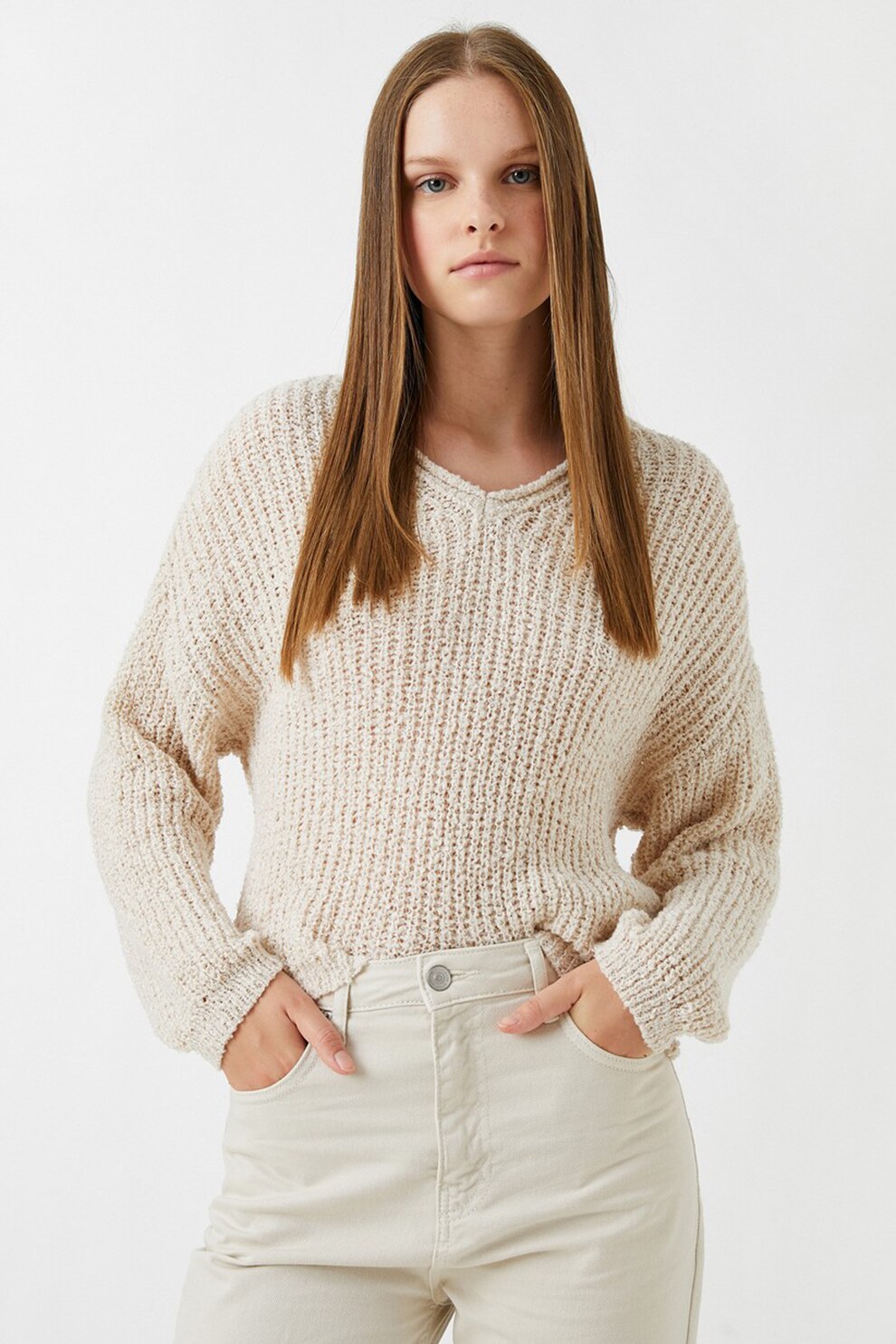 KOTON, Pulover lejer cu decolteu in V, Bej