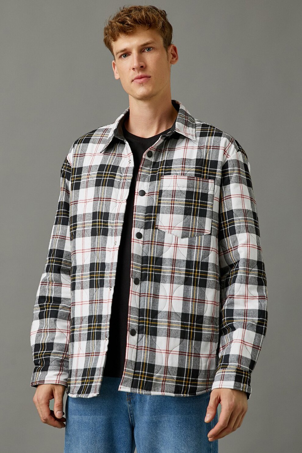 KOTON, Jacheta in carouri cu capse, Alb/Negru