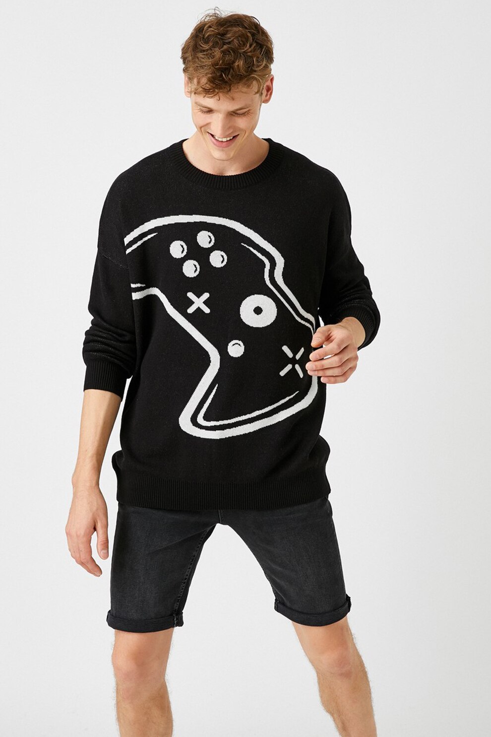 KOTON, Pulover cu decolteu rotund si model grafic, Negru/Alb