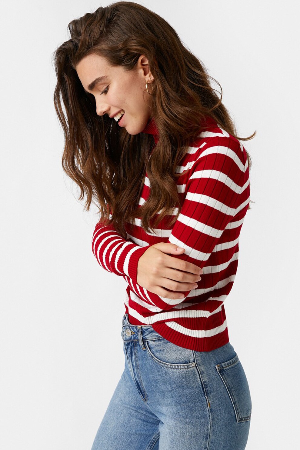 KOTON, Pulover cu guler inalt si model cu dungi, Rosu/Alb