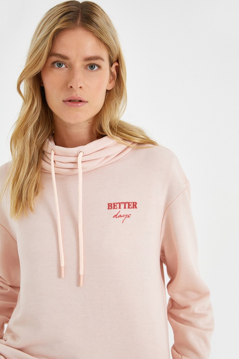 KOTON, Bluza sport cu decolteu drapat si detaliu text 2KAK13913EK, Roz pal