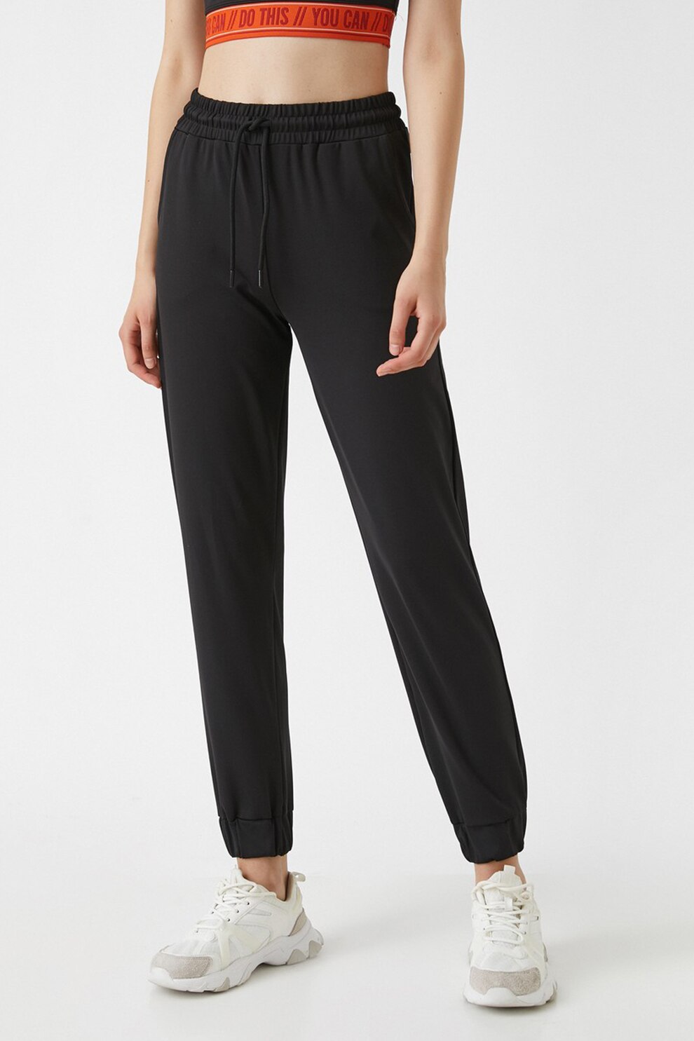 KOTON, Pantaloni sport conici cu talie inalta, Negru