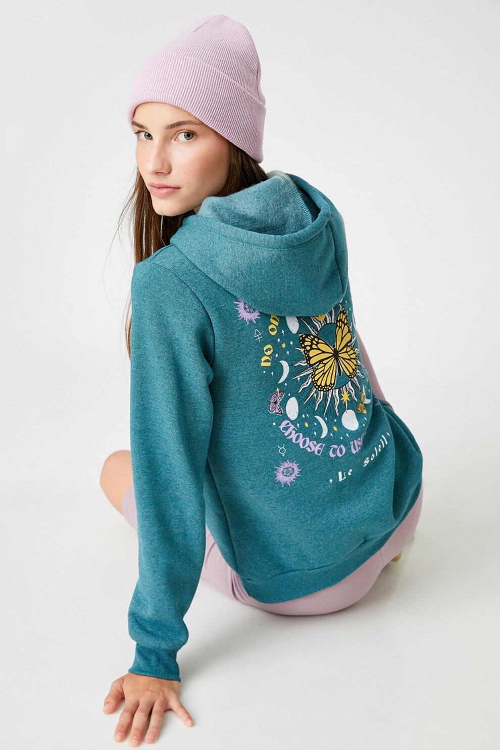 KOTON, Hanorac cu imprimeu grafic si buzunar kangaroo, Verde persan