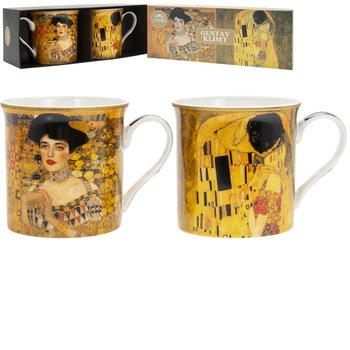 Set 2 cani - Gustav Klimt, Portelan, 250 ml, Auriu Set 2 cani - Gustav Klimt, Portelan, 250 ml, Auriu