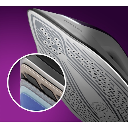 Statie de calcat Philips seria Perfect Care 8000, Tehnologie Optimal Temp, Jet de abur automat, 8 bari, 2100W, Jet de abur 120g/min, Functie Easy De-calc plus, Talpa fier SteamGlide Elite, Oprire automata, Rezervor de apa 1.8L detasabil, Mov