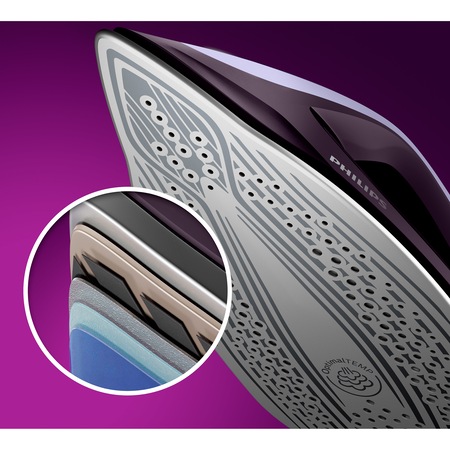 Statie de calcat Philips seria Perfect Care7000, tehnologie Optimal Temp, presiune maxima 8 bari, putere 2100W, jet de abur 120g/min, functie Easy De-calc plus, talpa fier SteamGlide Elite, rezervor de apa 1.8L detasabil