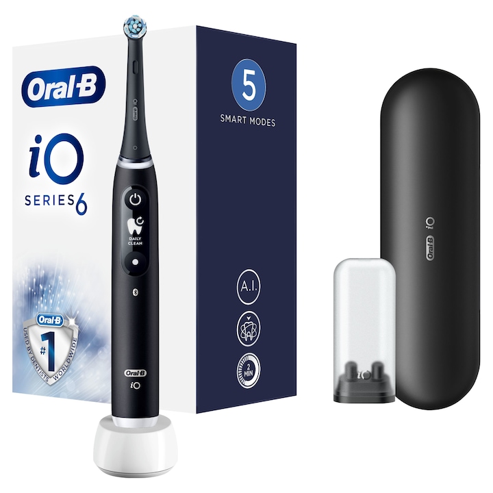 Oral-B iO6 elektromos fogkefe, mágneses iO vezérlés, nyomásérzékelő, OLED kijelzó, fekete