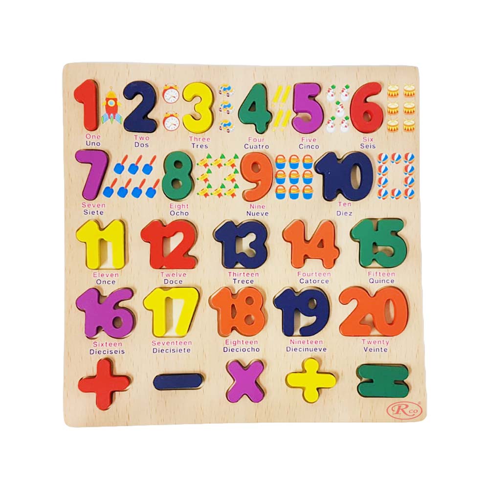 Puzzle 3D din lemn Montessori cu cifre si simboluri matematice, cu imagine ajutatoare in engleza/spaniola, WD9559 RCO®