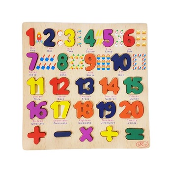 Puzzle 3D din lemn Montessori cu cifre si simboluri matematice, cu imagine ajutatoare in engleza/spaniola, WD9559 RCO® Puzzle 3D din lemn Montessori cu cifre si simboluri matematice, cu imagine ajutatoare in engleza/spaniola, WD9559 RCO®