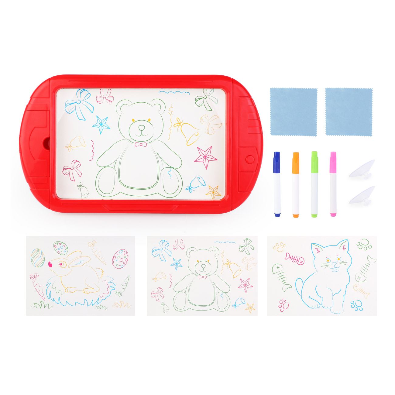 Tabla pentru desenat, Zola®, rosie, cu 4 planse si 4 markere, luminoasa, 38x29 cm