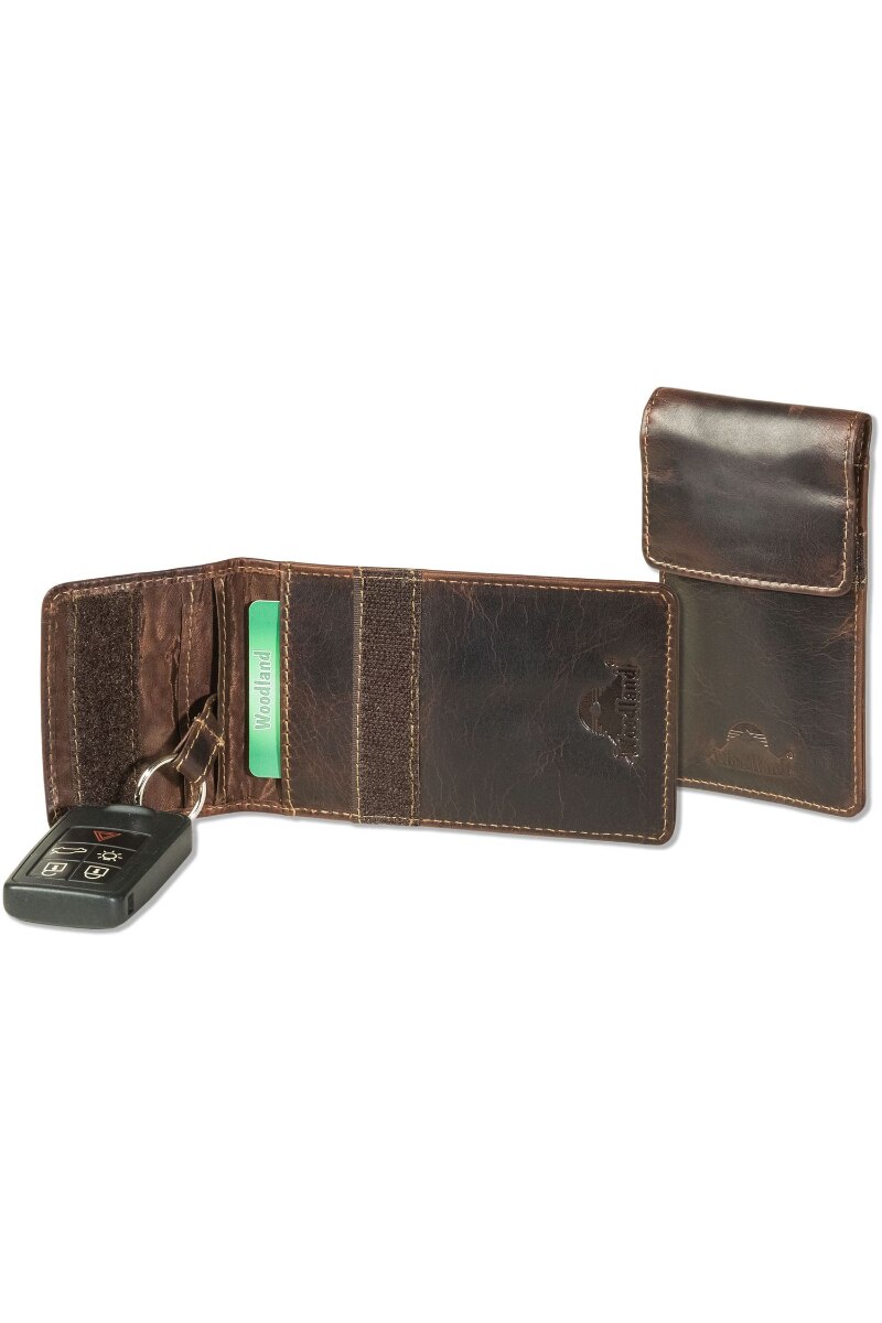 Husa chei auto Woodland, Protectie unde radio, 8x13x1.2 cm, Piele naturala, Maro inchis
