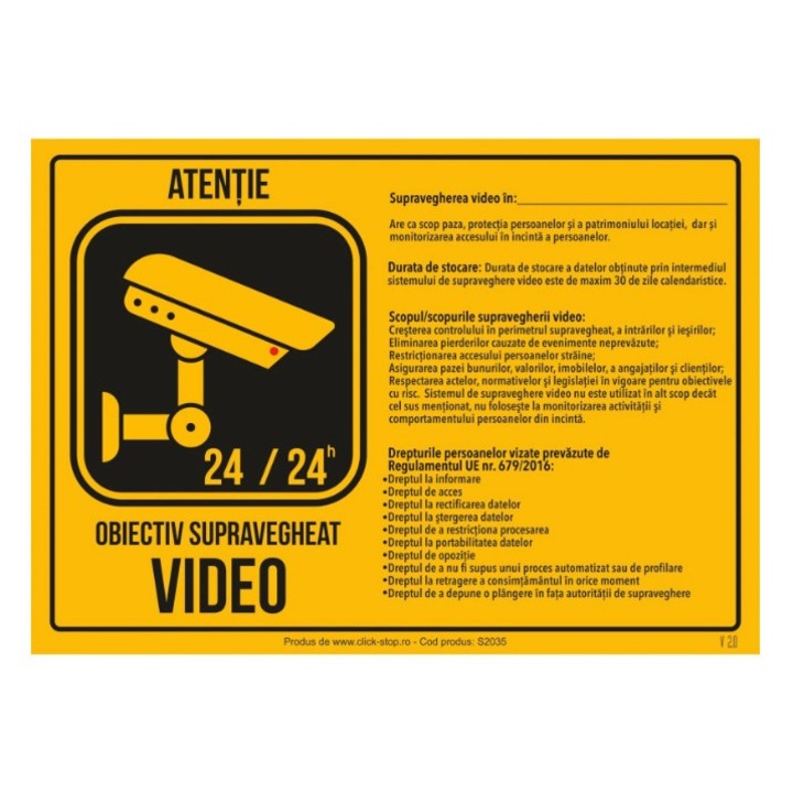 Atentie Zona Supravegheata Video GDPR - Indicator De Avertizare S2035, 200x300mm, Autocolant PVC