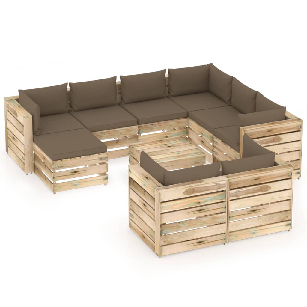 Set mobilier de gradina din paleti cu 10 piese cu perne vidaXL, Lemn, Maro/Taupe