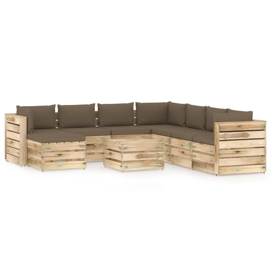 Set mobilier de gradina din paleti cu spatar din 9 piese cu perne vidaXL, Lemn, Maro/Taupe