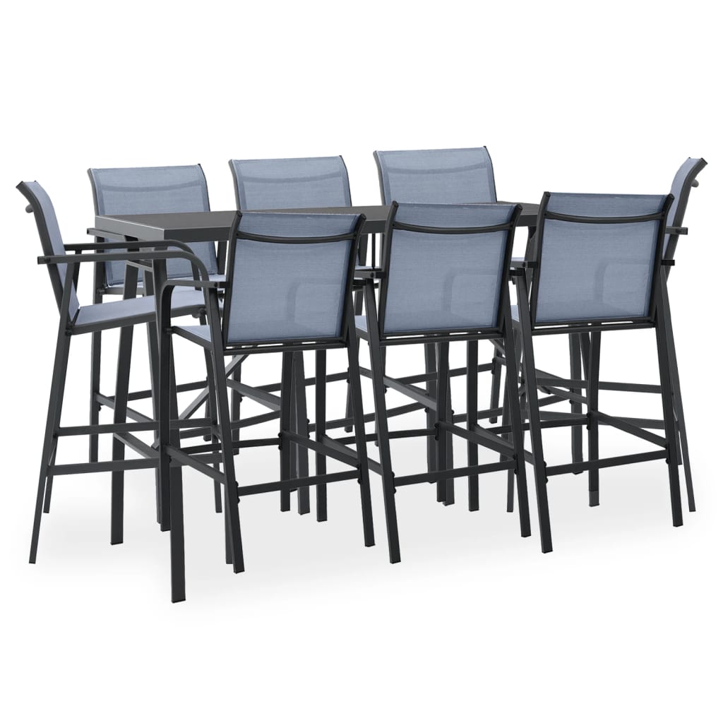 Set mobilier de bar de gradina cu 9 piese vidaXL, 180 x 60 x 110 cm, Negru/Gri