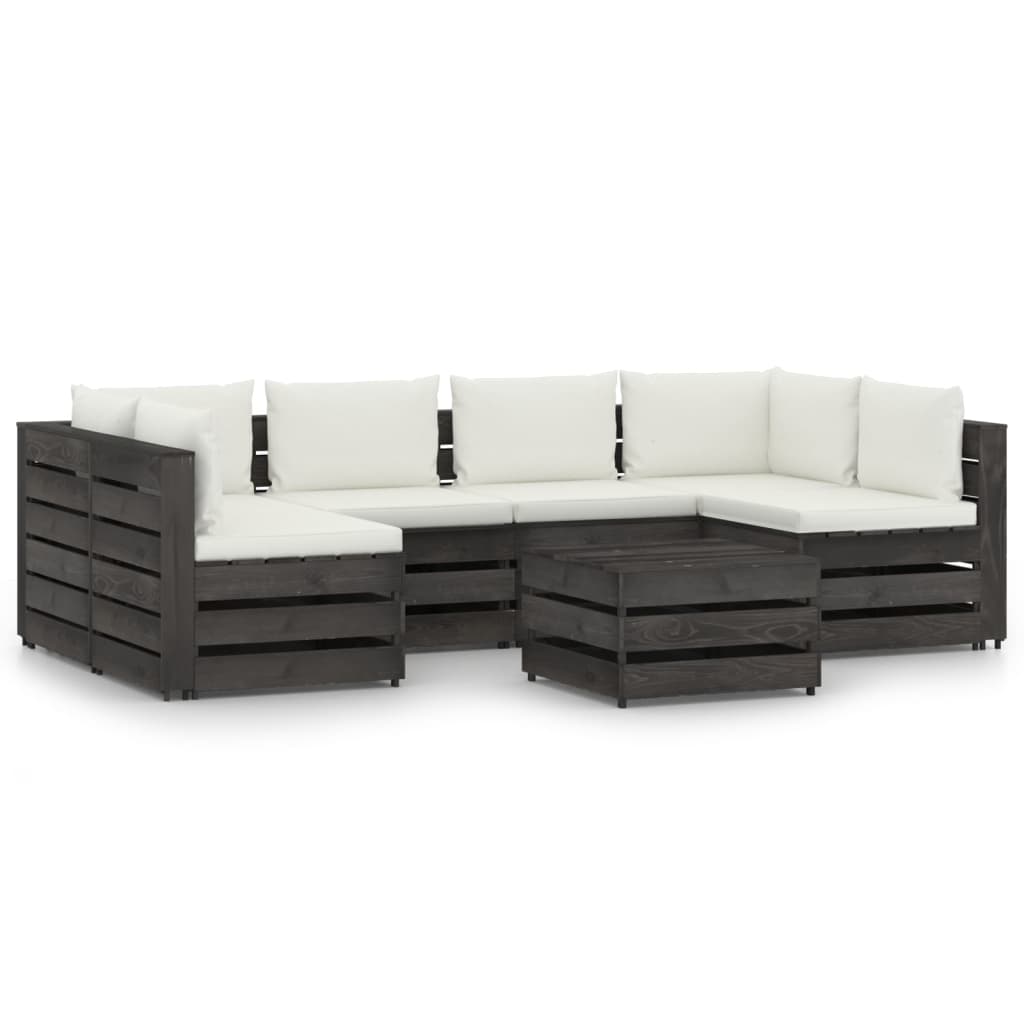 Set mobilier de gradina din paleti gri cu 7 piese cu perne vidaXL, Lemn, Gri/Crem