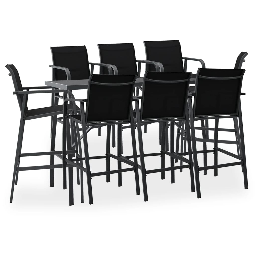 Set mobilier de bar de gradina cu 9 piese vidaXL, 180 x 60 x 110 cm, Negru