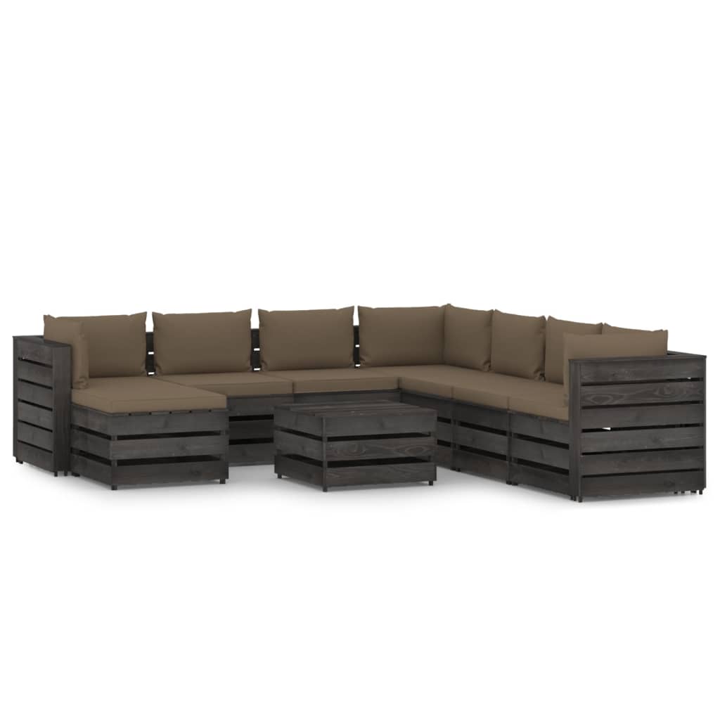 Set mobilier de gradina din paleti gri cu 9 piese cu perne vidaXL, Lemn, Gri/Crem