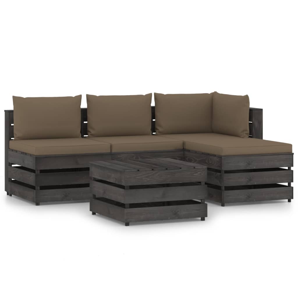Set mobilier de gradina din paleti gri cu 5 piese cu perne vidaXL, Lemn, Gri/Taupe