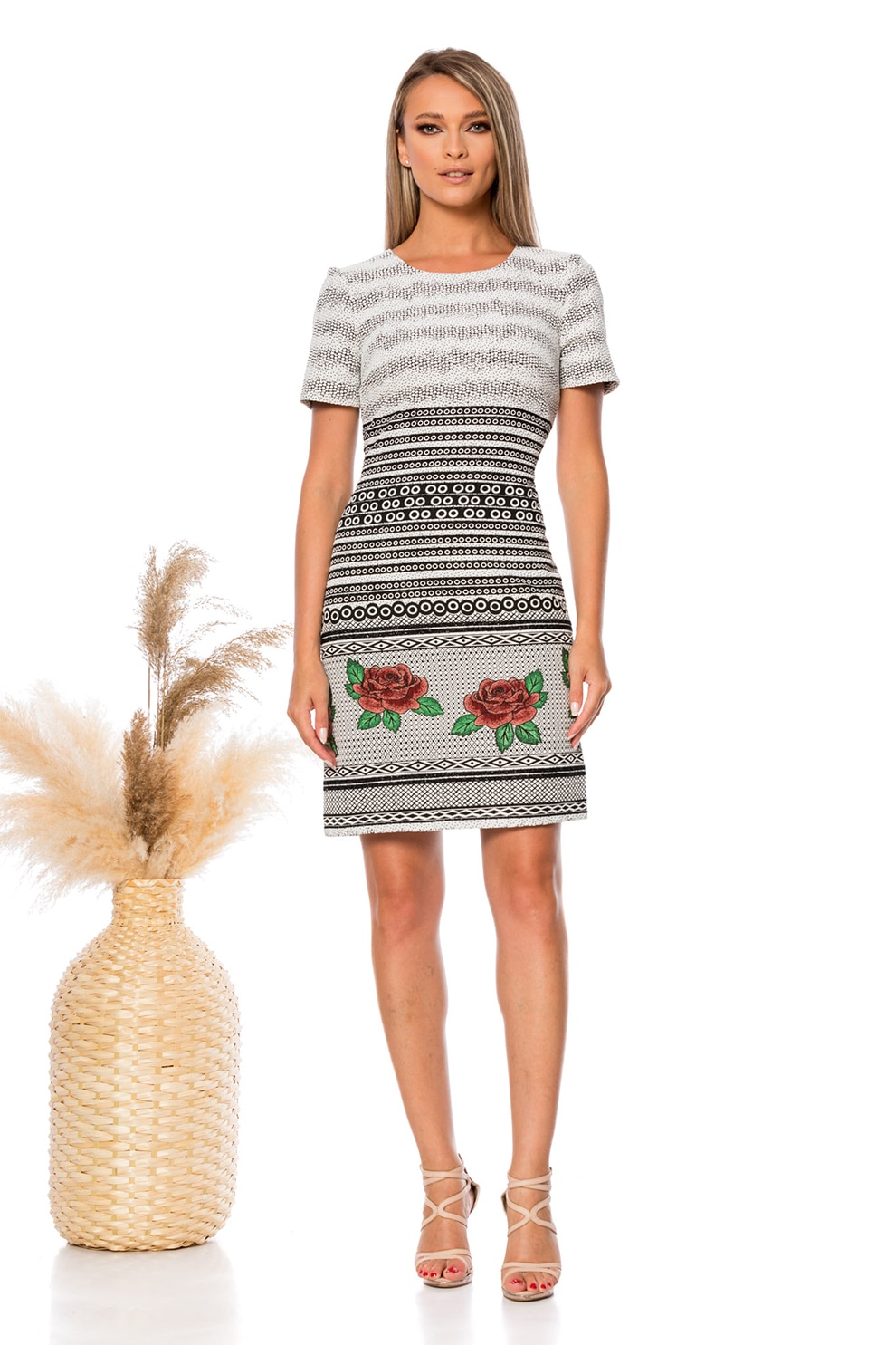 BAROCCA, Rochie cu maneci scurte si model floral si geometric, Alb/Negru, 46