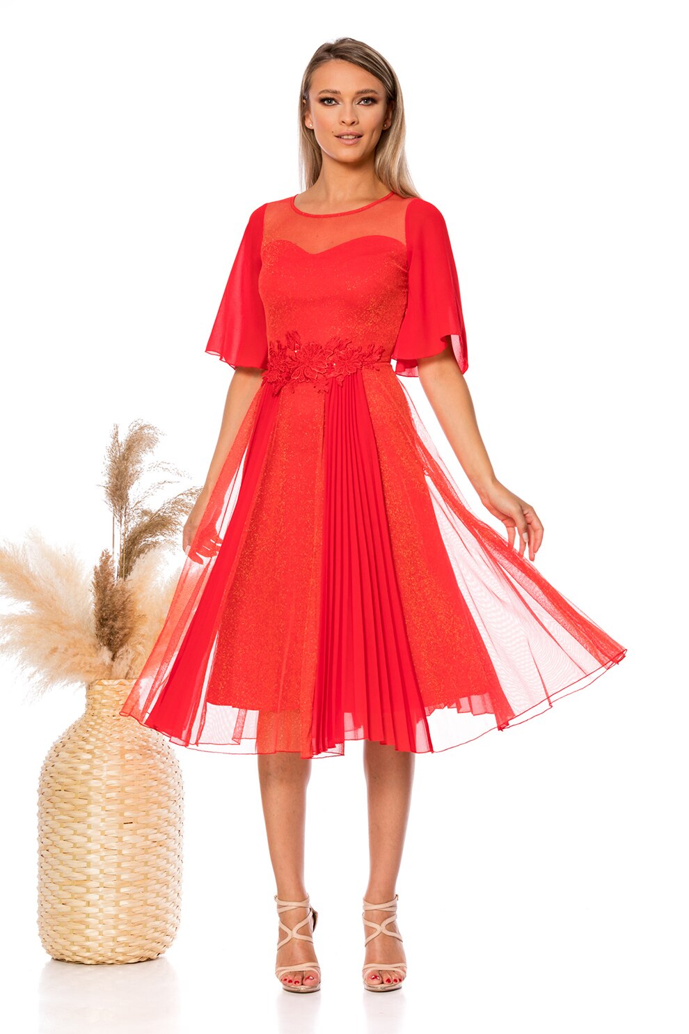 BAROCCA, Rochie midi evazata cu pliuri, Rosu