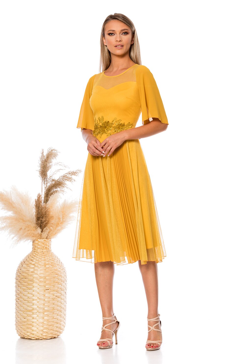 BAROCCA, Rochie midi evazata cu pliuri, Galben sofran