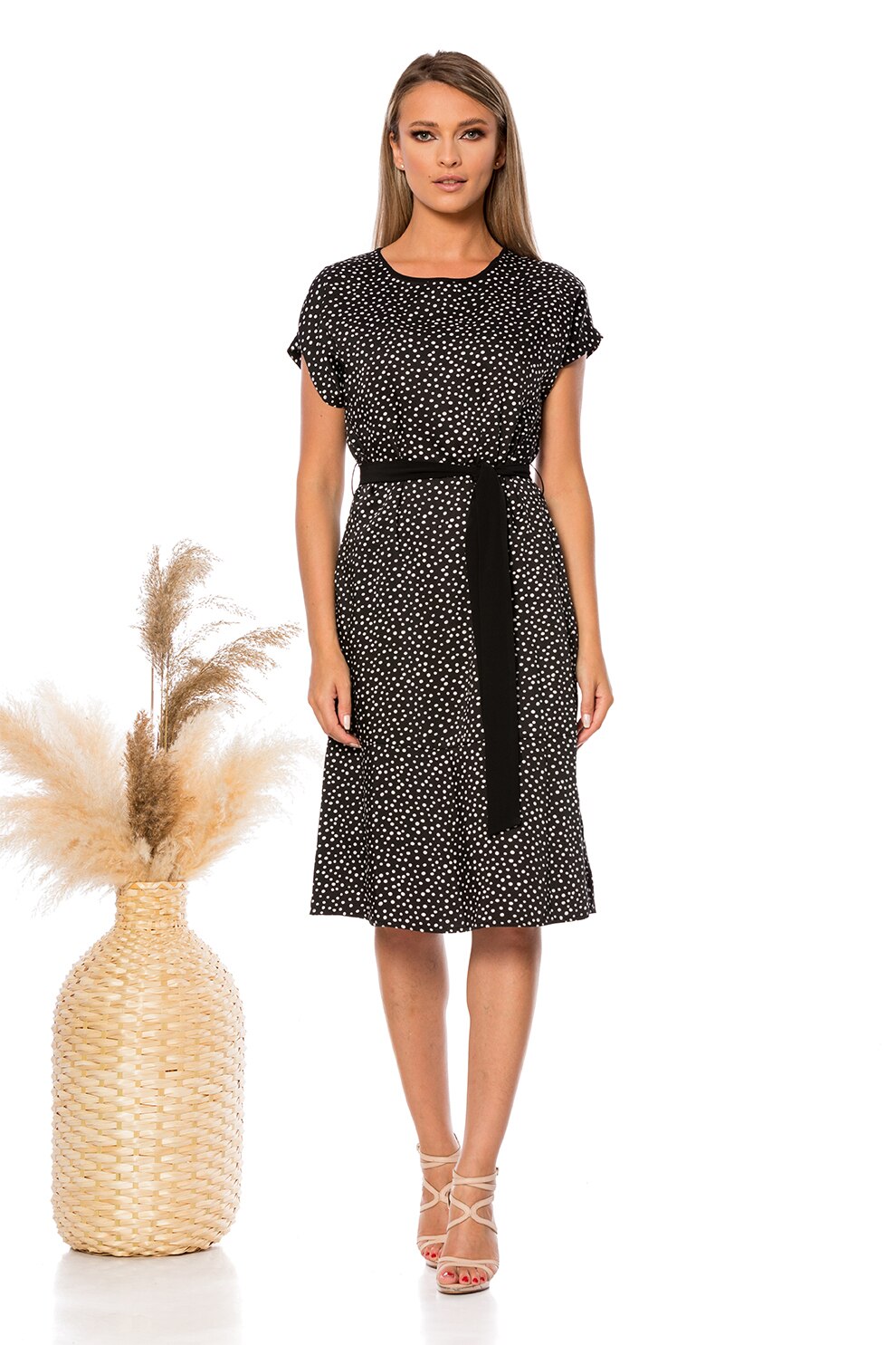 BAROCCA, Rochie midi evazata cu buline, Negru/Alb