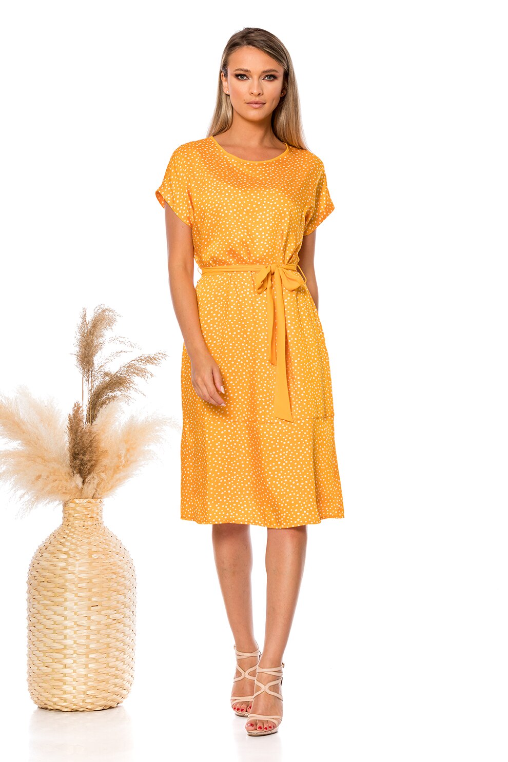 BAROCCA, Rochie midi evazata cu buline, Galben sofran